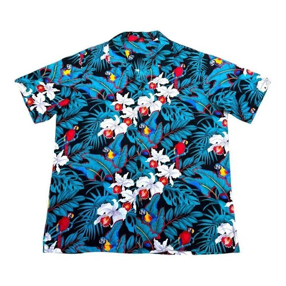 Casual Wear Hawaiian Shirt Parrot Tropical Flowers Macaw Orchid Floral Mens L - Picture 1 of 6